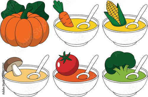 Vegetable Soup Bowl Vector Illustration Pumpkin, Carrot, Corn, Mushroom, Tomato, Broccoli