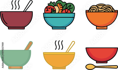 Set of Four Colorful Bowls Vector Illustration Soup, Salad, and Stew