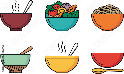 Set of Four Colorful Bowls Vector Illustration Soup, Salad, and Stew