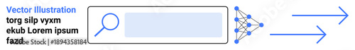 Search process, data analysis, machine learning, web algorithms, technology workflow, user interface example. Search bar connected to a network and arrows. Search process and data analysis concept