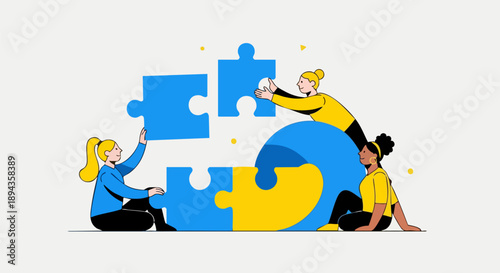 Three diverse team members collaboratively working together fitting large blue and yellow puzzle pieces into place on white background