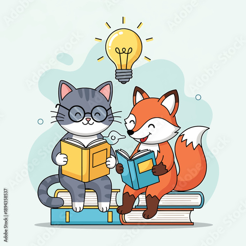 Cat and Fox Reading Together
