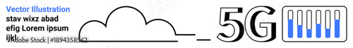 Cloud connected to a 5G text indicator and signal strength bars. Ideal for technology, connectivity, networking, cloud storage, digital innovation, speed enhancement, and simple landing page