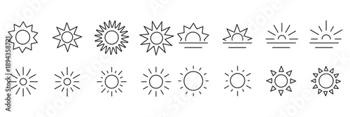 Sun icon set. Vector flat design. Collection of sun stars for use in as logo or weather icon. Yellow suns circles, bright natural lighting objects.