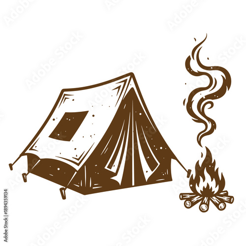 Vintage Grunge texture Illustration of a camping tent with a campfire burning beside it on a plain surface