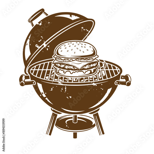 Vintage Grunge texture Illustration of a double cheeseburger on a barbecue grill with lid open  cooking outdoors