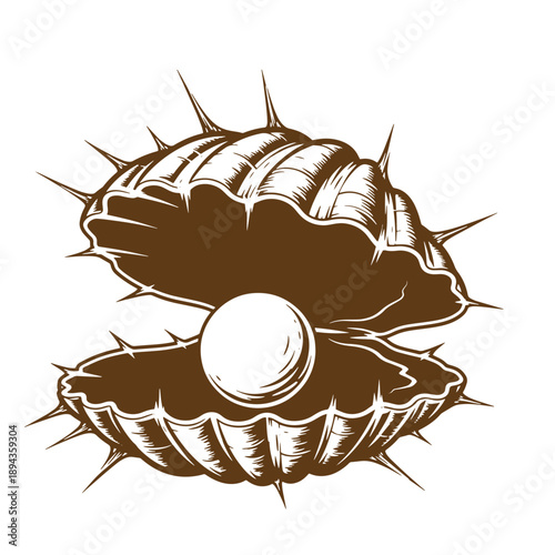 Vintage Grunge texture Illustration of an open oyster shell with a pearl inside on white background