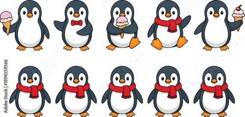 Cute Penguin Character Vector Set Winter Scarves, Hats, and Ice Cream