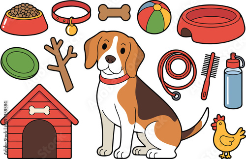 Cute Dog and Pet Accessories Vector Set Puppy Toys, Food, Collar, and House