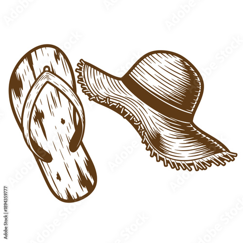 Vintage Grunge texture sketch of flip flops and sun hat for summer vacation  beach accessories