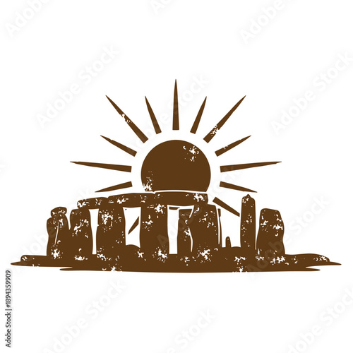 Vintage Grunge texture stonehenge monument with sun illustration  ancient england landmark symbol  travel tourism concept