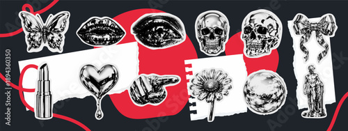 Halftone collage sticker pack showing skulls lips eye butterfly lipstick pointing hand daisy planet bow on dark background