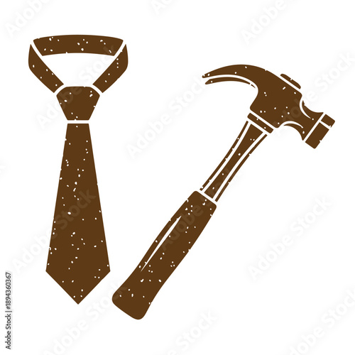 Vintage Grunge texture Tie and hammer icons in brown color  business and tool symbols combined in one image