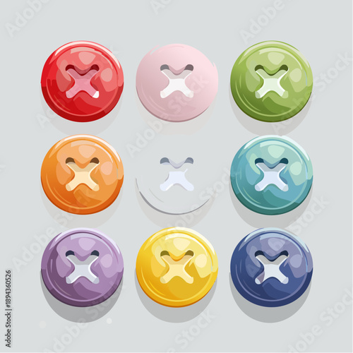 Nine colorful sewing buttons in a 3x3 grid, with glossy texture and cross pattern