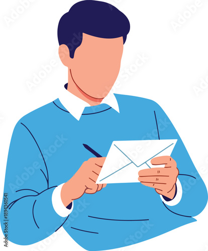 Man writes letter with pen and envelope in hand. Suitable for communication, correspondence, writing, business communication concepts, and advertising materials.