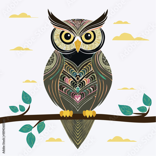 Intricate Ornamental Owl Illustration Perched on a Twig with Clouds