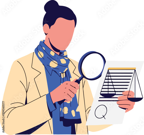 Legal document examination with woman and scales of justice. Ideal for legal, justice, business, and lawrelated marketing materials.