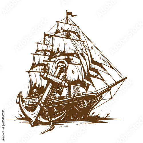 Vintage Grunge texture Vintage sailing ship with anchor and sails on calm waters  maritime illustration