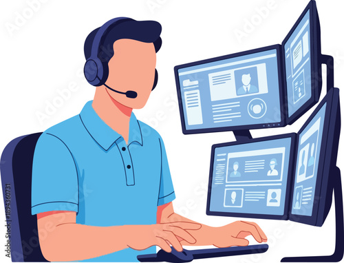 Faceless individual with headset at three screens, ideal for illustrating remote work, customer service, tech support, and multitasking concepts.