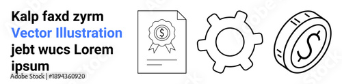 Business development, certification, finance, productivity, achievement, process optimization. Certificate, gear and coin icons are . Business development and certification concepts