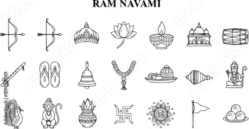 Ram Navami Icons: Black and White Line Art Symbols for Indian Culture and Festivals