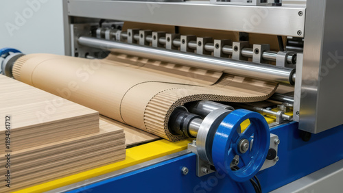 Corrugated cardboard sheet rolling on industrial machine in modern packaging production line closeup of automated equipment processing paperboard material for manufacturing carton boxes