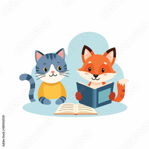 Cat and Fox Reading Together