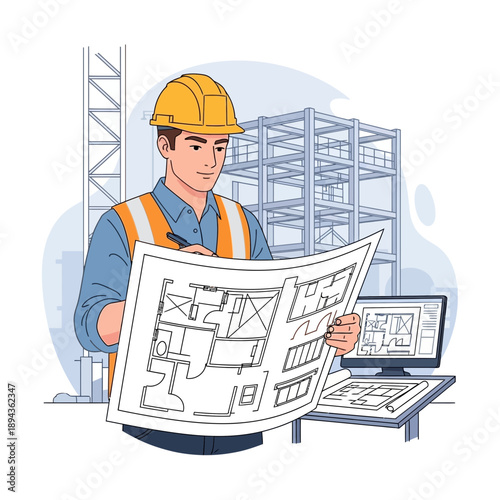 Architect reviewing building plans at construction site