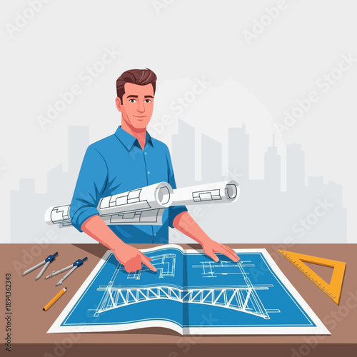 Architect reviewing bridge blueprint with tools, city skyline background