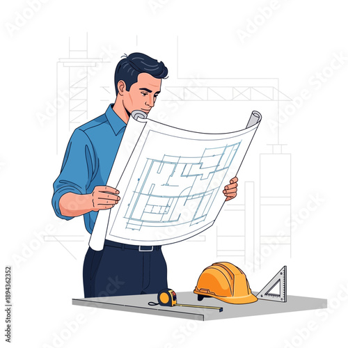 Architect reviewing building blueprint plans with tools on desk