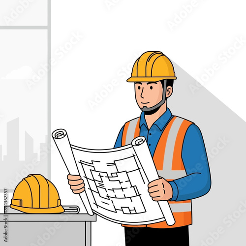 Architect reviews blueprint plan holding rolls at construction site