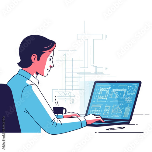 Engineer working on laptop with blueprints and coffee