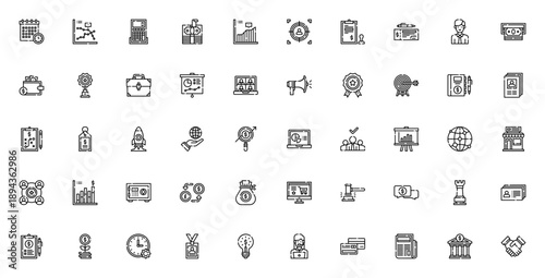 Business icon set. Vector icons pack for calendar, analysis, calculator, money, statistics, target, meeting, teamwork, ecommerce, strategy and more. Editable stroke.