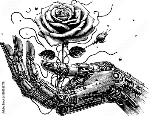 Engraved Robotic Hand Holding Blooming Rose for AI Development Websites, Futuristic Biomechanical Art, Tech Nature Fusion Blogs, Digital Innovation Concepts, and Cybernetic Floral Design