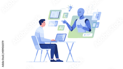 Man and ai robot, digital business assistant