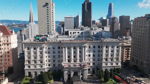Aerial close-up panning shot of the luxurious Fairmont Hotel on Nob Hill in San Francisco, California. 4K