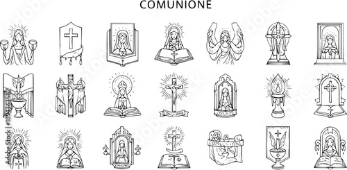 Black and White Line Art Christian Religious Symbols and Icons for First Communion and Catholic Sacraments Vector Set