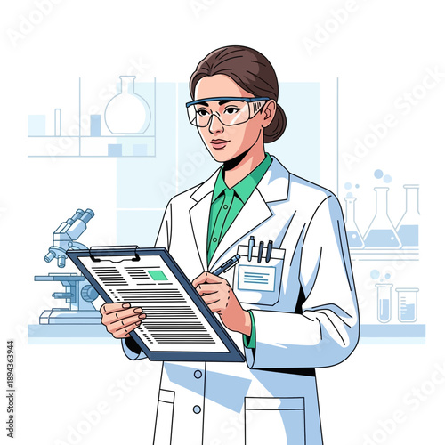 Female scientist in lab coat holding clipboard and writing notes, microscope and lab equipment in background