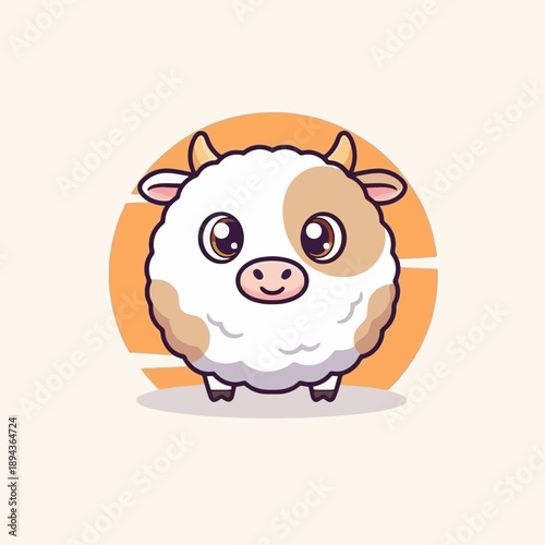 Adorable Fluffy Cartoon Cow with Big Eyes and Brown Spots.