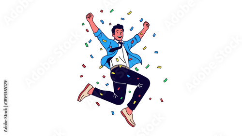 Man Jumping in the Air with Confetti.