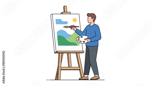 Man Painting on Easel with Brush.