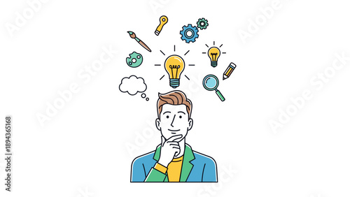 Man Thinking with Ideas and Innovation.