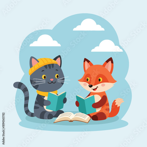 Cat and Fox Reading Together