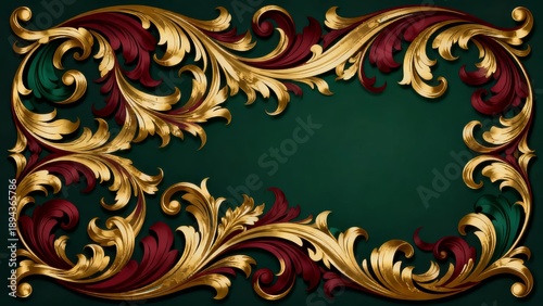 Ornate golden and maroon floral frame on dark green background