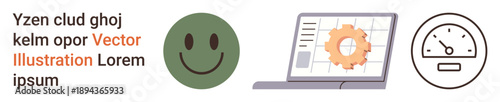 Productivity, technology, user interface, workflow efficiency, time management, system optimization. A happy face, laptop with gear and speedometer icon. Productivity and technology visually