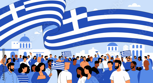 Greece Flags Held by Crowd Illustration.