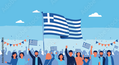Greece Flag People Celebrating Independence Day.