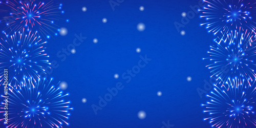 Beautiful colorful fireworks display with glowing sparkling lights against blurred milky way galaxy starry night sky background for festive holiday celebration illustration