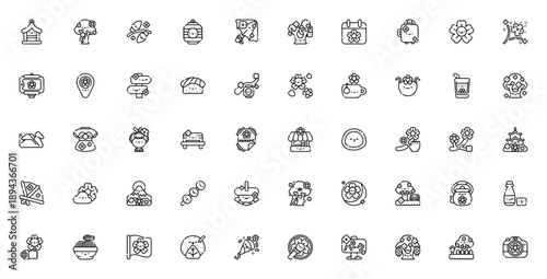 Sakura Festival icon set. Japanese spring vector icons. Includes lantern, kimono, hanami, sushi, temple, fan, geisha, mochi and more. Editable stroke.