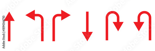 Set of black directional arrow icons including U turn, right turn, left turn, and straight arrows. Simple vector signs for traffic, navigation, and road directions